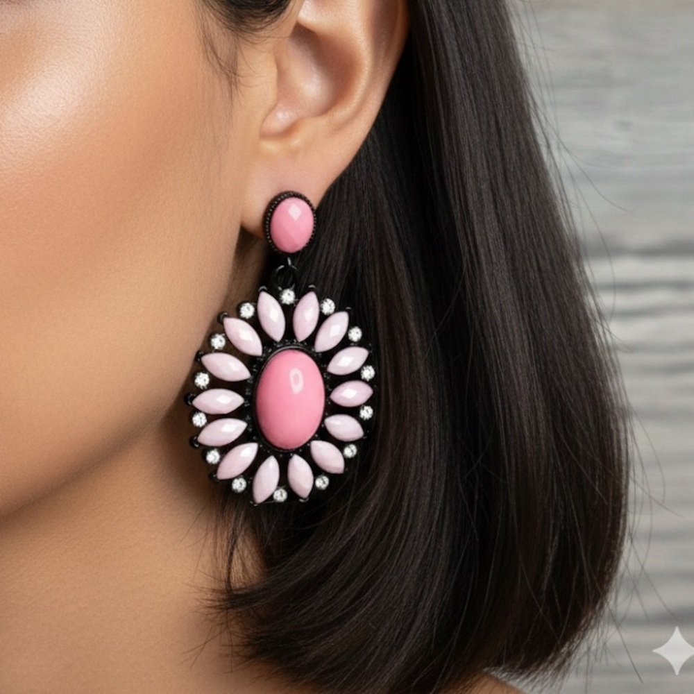 Pink Floral Statement Earrings Rhinestone Black Tone Flower Dangle